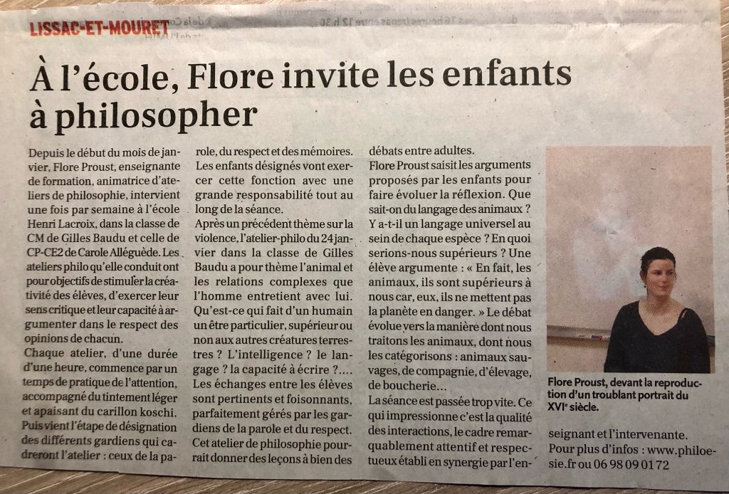 On en parle... très bel article paru dans La Dépêche en février 2023 sur les ateliers de philosophie à l'école de Lissac-et-Mouret.