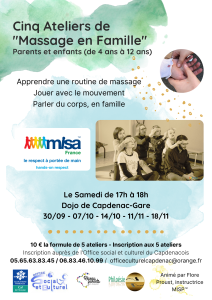 Affiche des 5 ateliers massage en famille à Capdenac-Gare organisés en septembre-octobre-novembre 2023 avec l'Office Social et Culturel du Capdenacois.