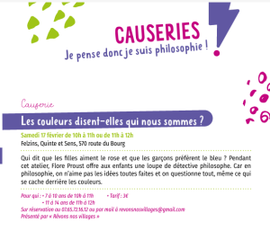 Philo à Felzins pour Graines de Moutards 2024 sur le thème des stéréotypes de genre associés aux couleurs descriptif du programme.