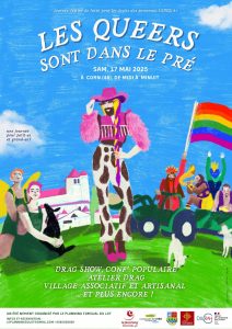 Chamboule-tout philo et Affiche de l'événement du 17 mai 2025 à Corn "Les Queers sont dans le pré" 